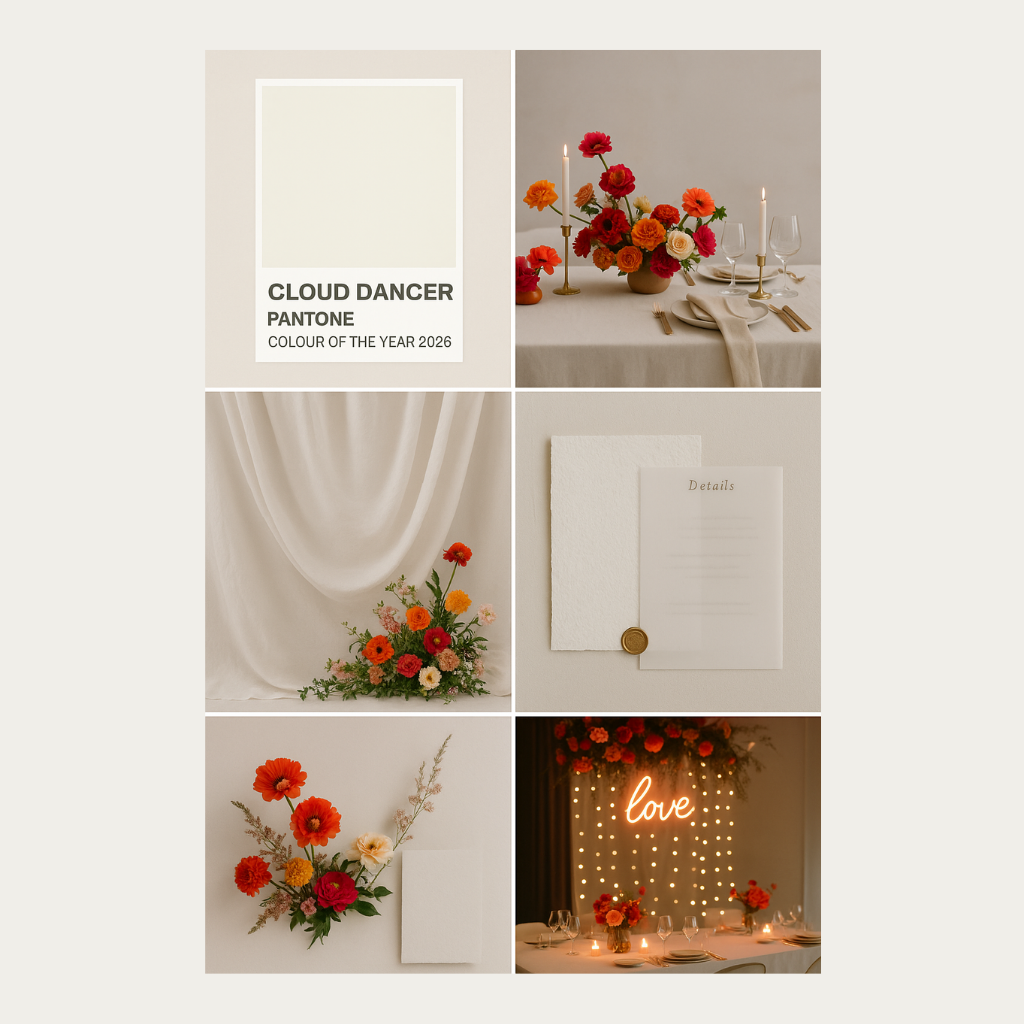 Images of wedding draping in pantone colour cloud dancer with flowers to bring pops of colour