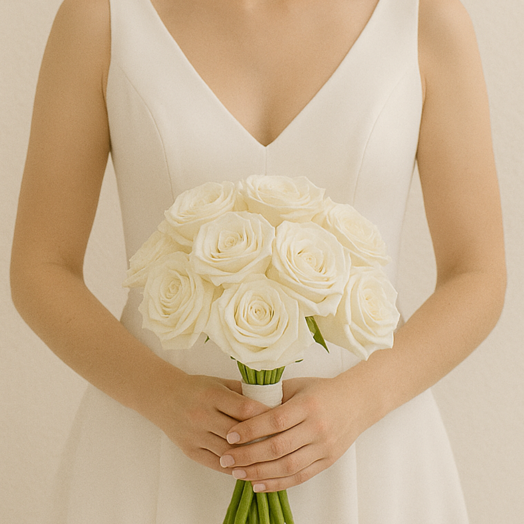 Picture of a lady, showing body only with white wedding dress and holding a white floral bouquet,