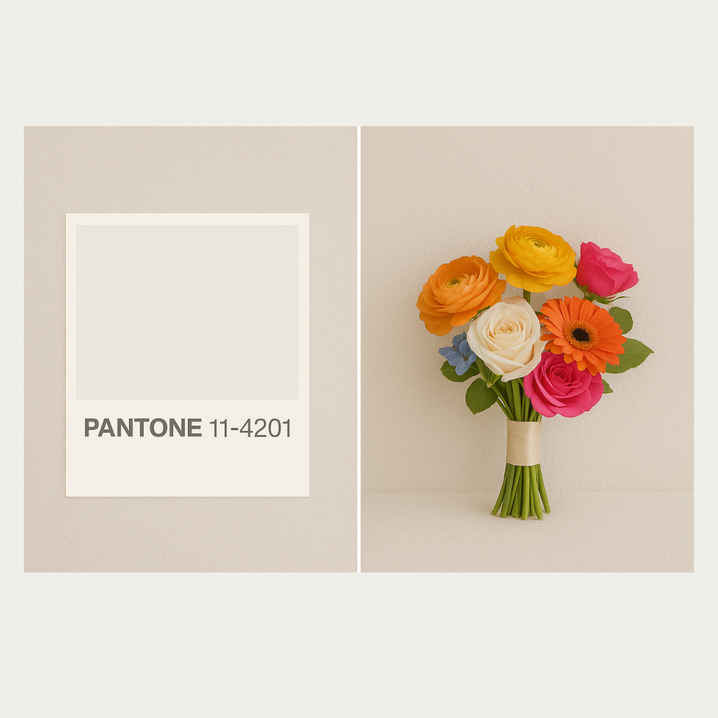 A block of colour shohwing the pantone colour code which is 11-4201 and a bouqet of flowers all colourfull flowers, with 1 shihte flower